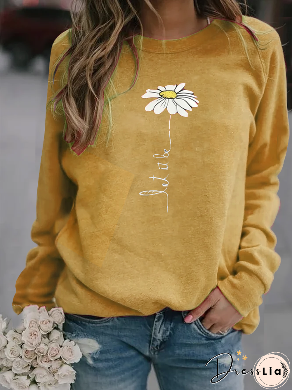 Women Round Neck Sunflower Printed Long Sleeve Sweatshirts