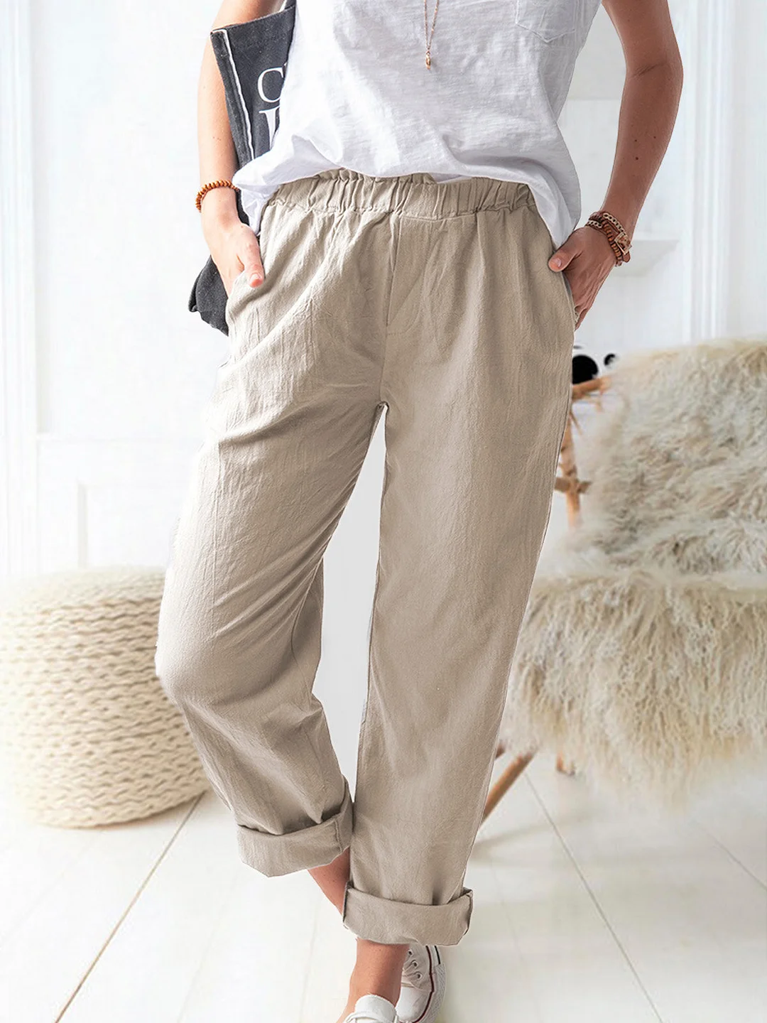 Solid Color Casual Elastic High Waist Straight Trousers