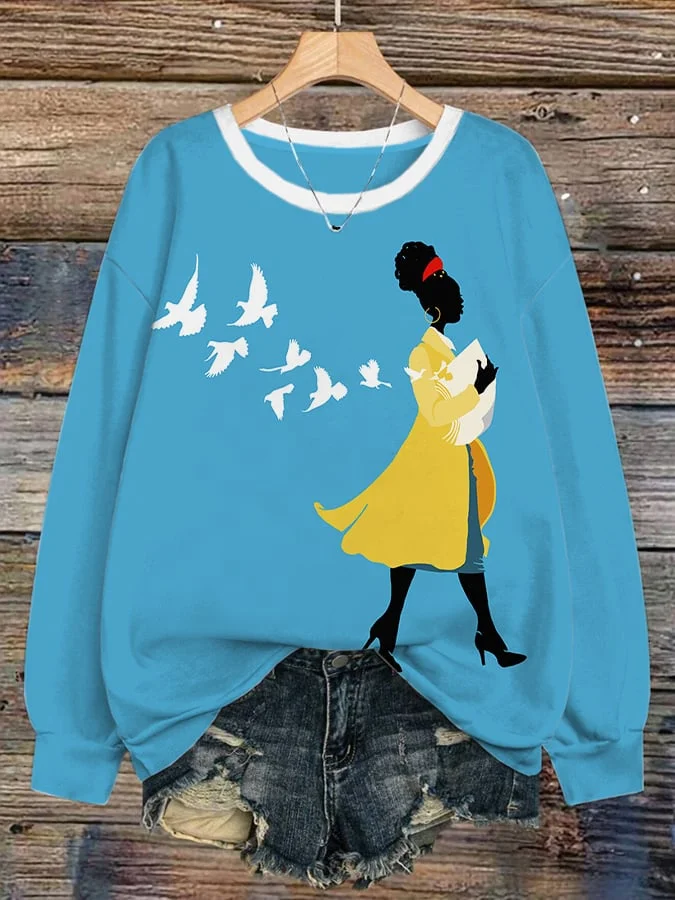 Women's Black Girl Doves Printed Cozy Sweatshirt 