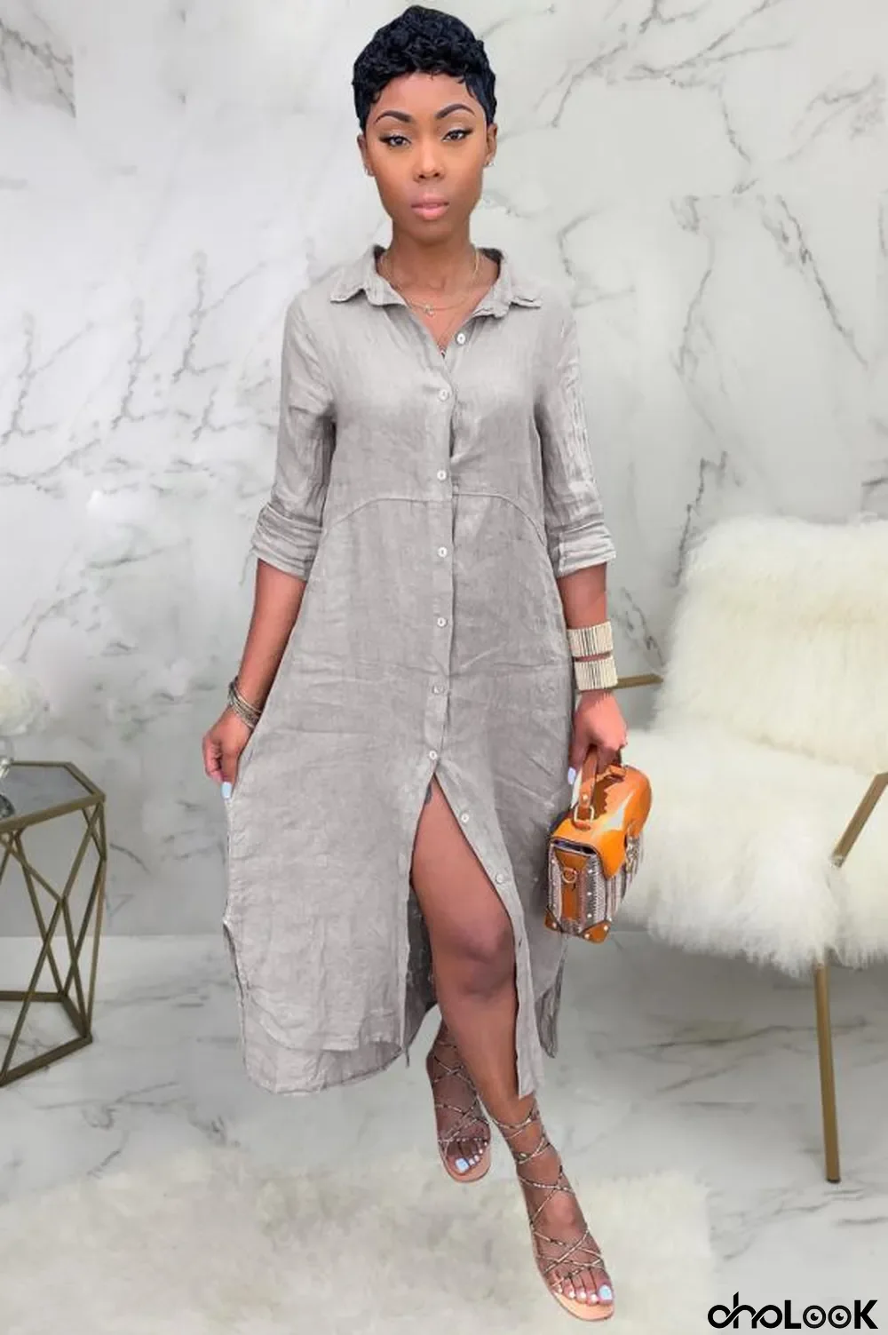 Grey Fashion Cap Sleeve Long Sleeves Cardigan Turndown Collar Swagger Mid-Calf Solid fastener s