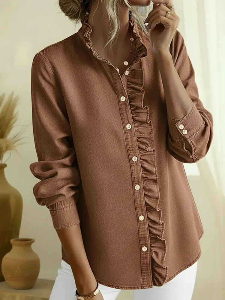 Elegant Lace-collared Denim Shirt Top socialshop