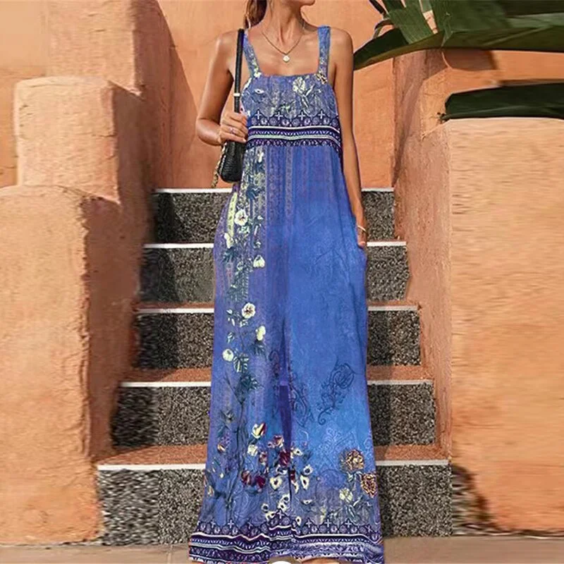 Elegant Pattern Print Sleeveless Loose Jumpsuits Summer Casual Off Shoulder High Waist Overalls New Pockets Wide Leg Long Romper