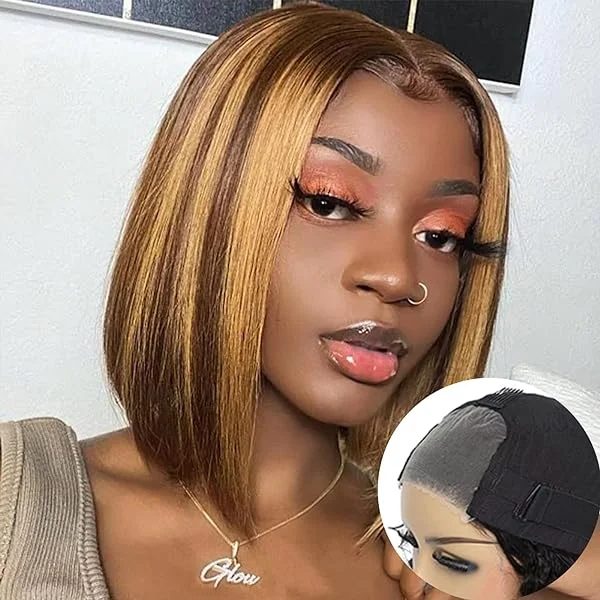Highlight Ombre Wear and Go Glueless Bob Wig Human Hair Pre Plucked Pre Cut Blonde 4/27 Transparent Lace Front Straight Short Bob Wig Human Hair Wigs Natural Hairline for Black Women 12Inch 12 Inch 4/27 Wear and Go Glueless Wig