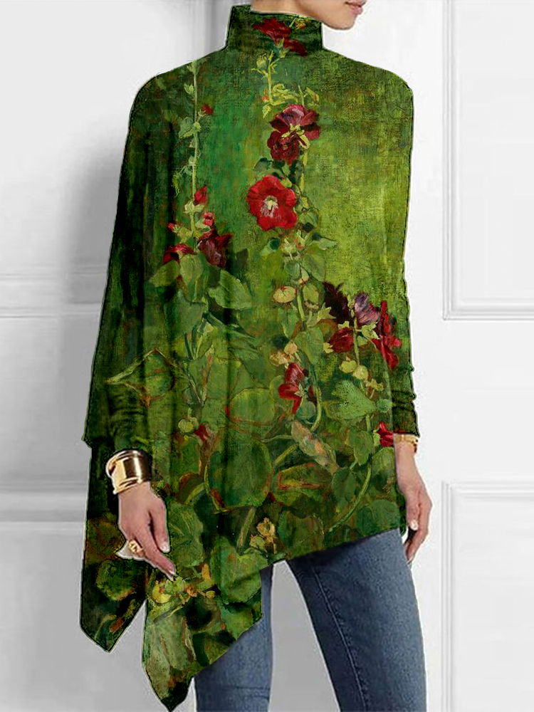 Hollyhocks Painting Art High Neck Bat Sleeve T Shirt  artssus