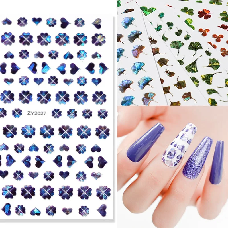 1Pcs Laser Ginkgo Leaf Self-adhesive Nail Sticker Lucky Four-leaf Clover Animal Cartoon Nail Art Sticker Decal Nail Charm Design
