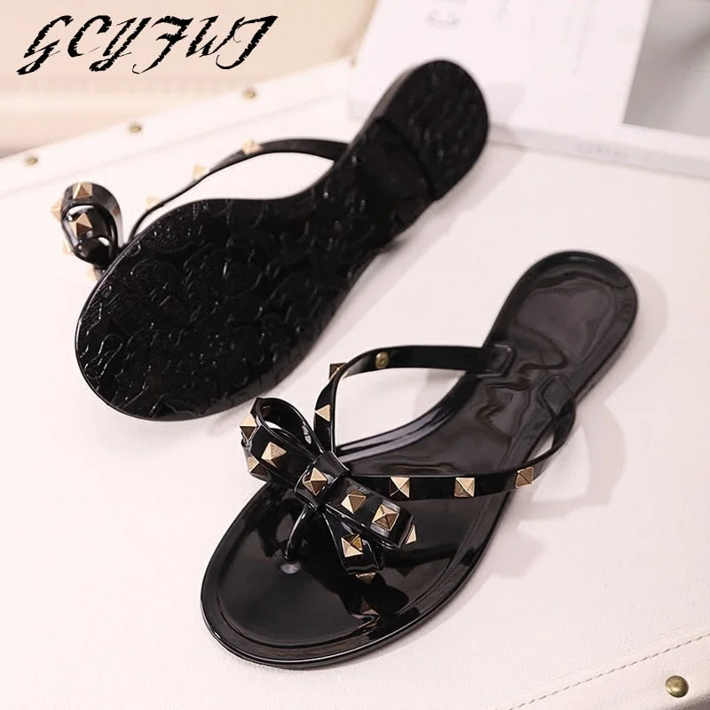 Women Slippers 2021 Summer New Women's Shoes Rivet Bow Flat Non-slip Sandals And Slippers Jelly Rubber Shoes Fashion Beach Shoes