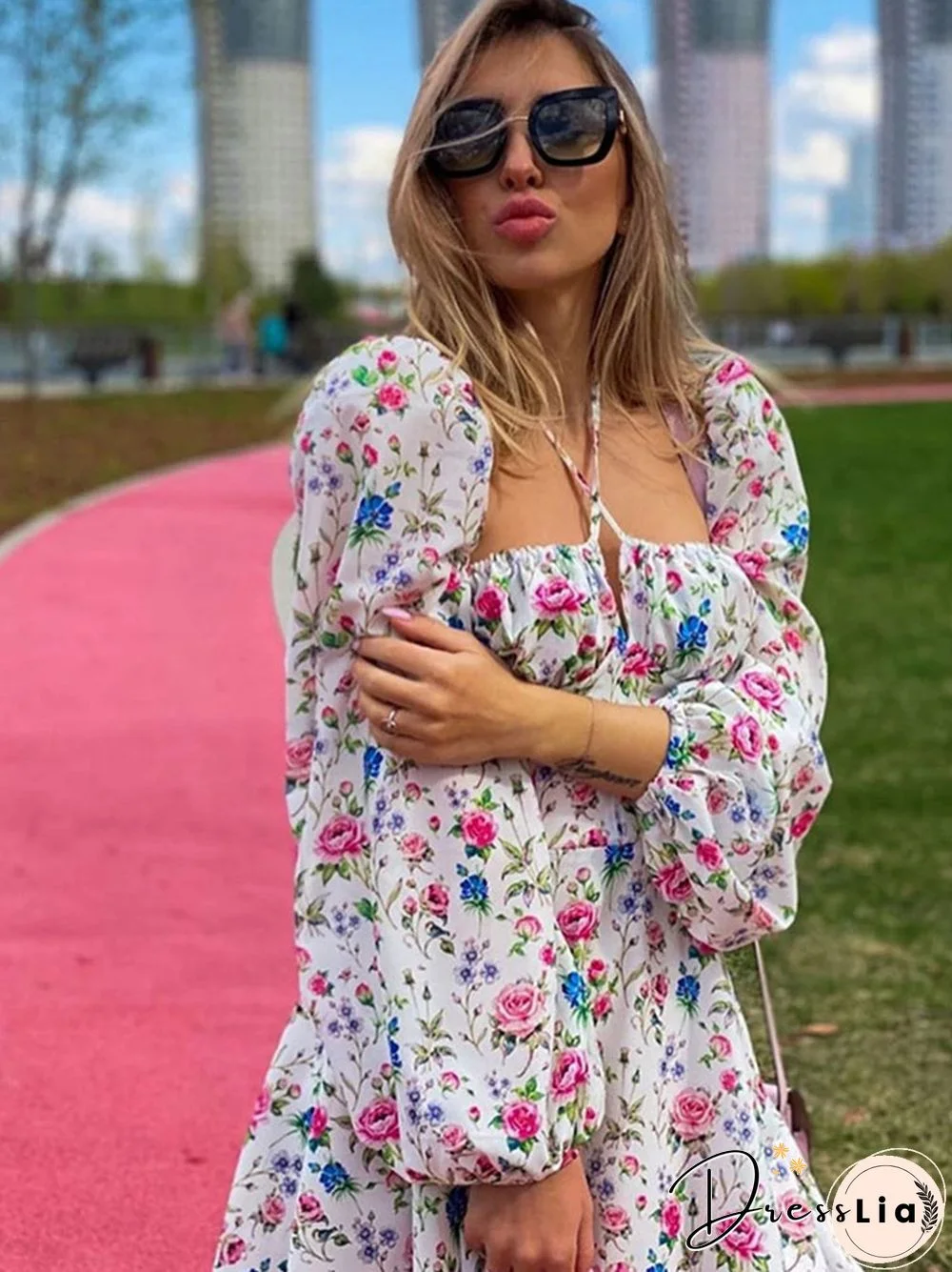 Floral Dress Women Lantern Long Sleeve Ruched Print A Line Square Neck Tie Up Mini Vestidos Sexy Chic Summer Beach Dress