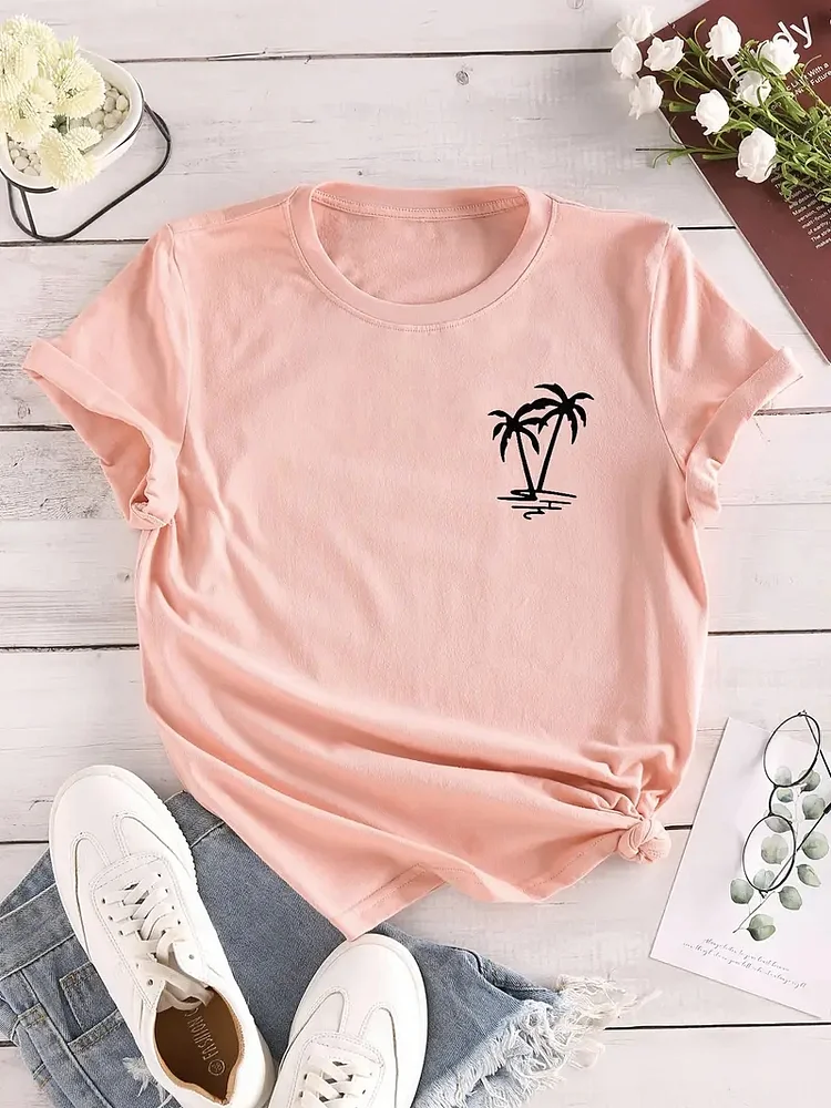 Chic Coconut Tree Graphic Tee - Relaxed Fit, Breathable Summer Cotton Top for Women