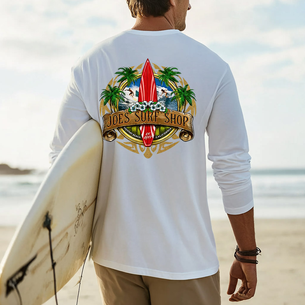 thesupersurf Cotton Long Sleeve Surf T-Shirt with Laguna Beach California Print Joe's Surf Shop Design for Men 