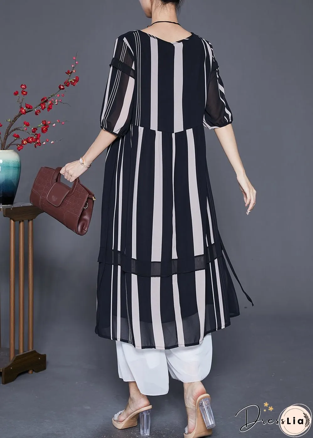 Modern Black Striped Patchwork Chiffon Maxi Dresses Half Sleeve