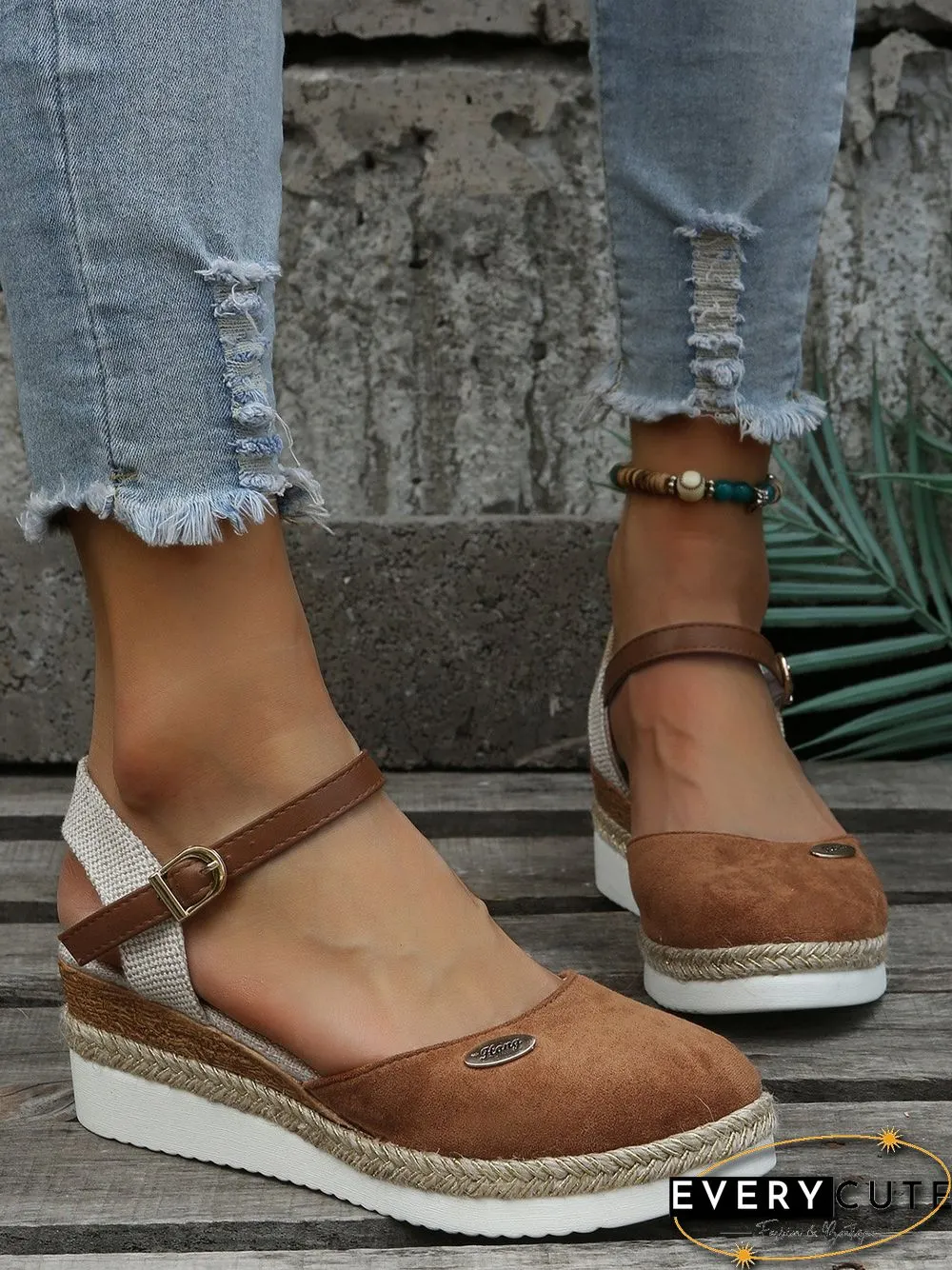 Women Color Block Summer Vacation Braided Non-Slip Block Heel Espadrille Sandals Adjustable Buckle EVA Wedges&Flatform