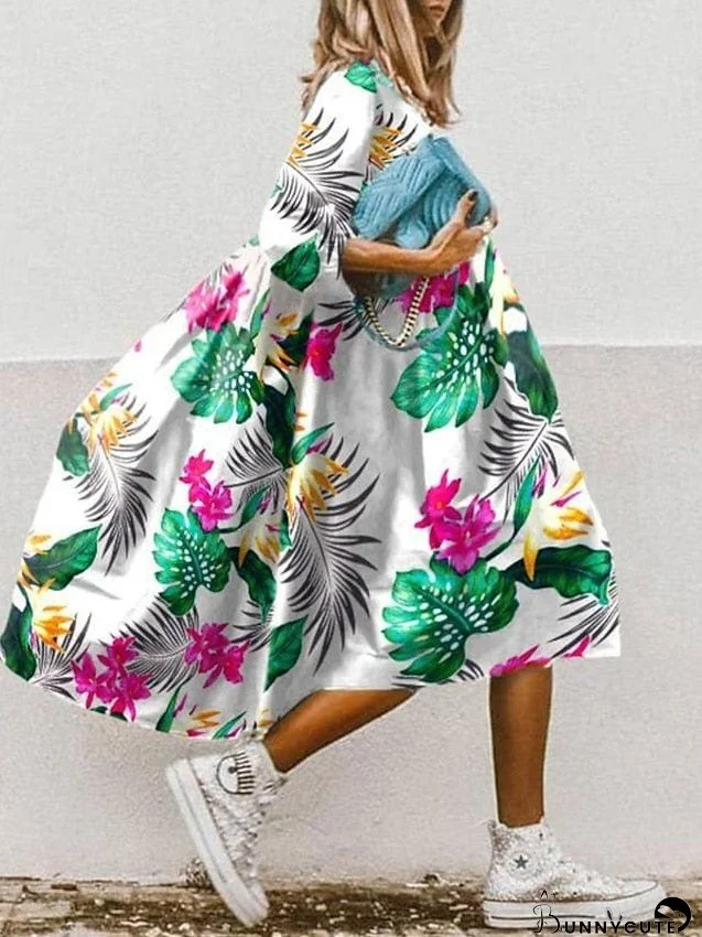 Boho Floral Ruched Swing Midi Dress with 3/4 Sleeves