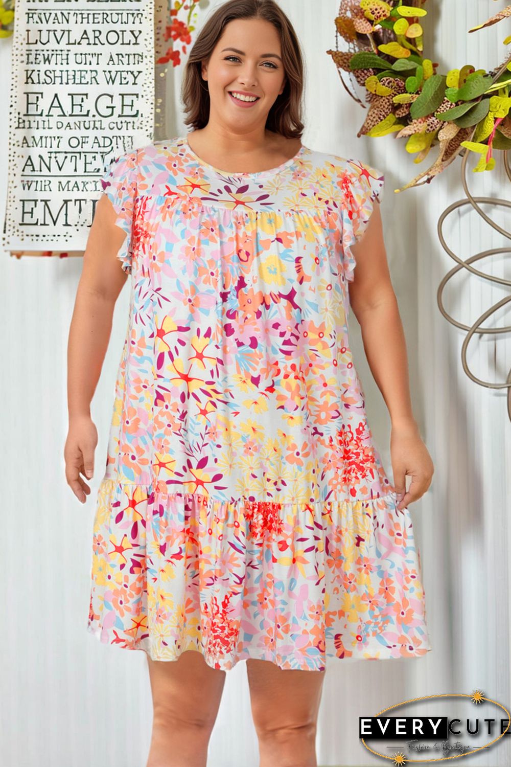 Multicolor Floral Print Ruffled Short Sleeve Plus Size Dress