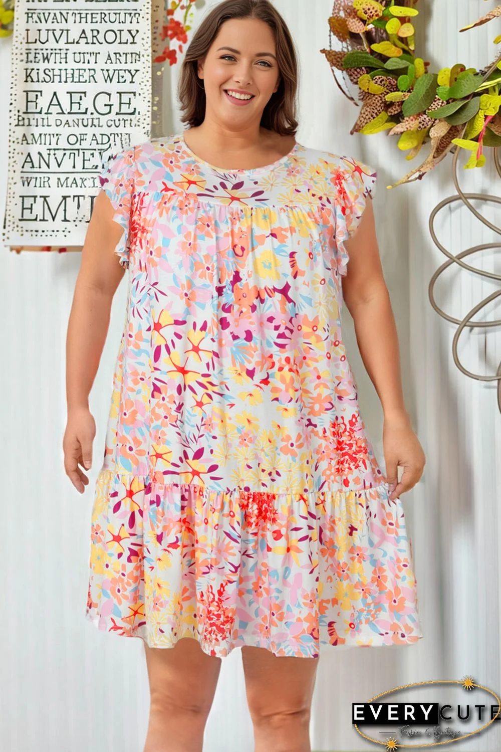 Multicolor Floral Print Ruffled Short Sleeve Plus Size Dress