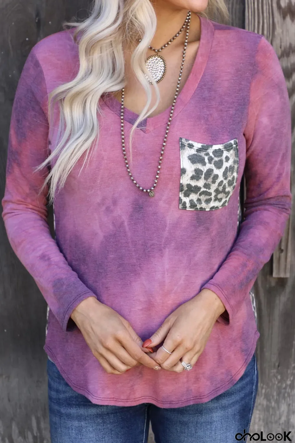 Rose Tie Dye Leopard Patchwork Pocket V Neck Top