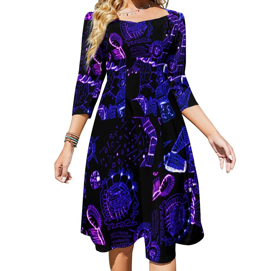 Artsy Purple Black Dress Sweetheart Tie Back Flared 3/4 Sleeve Midi Dresses