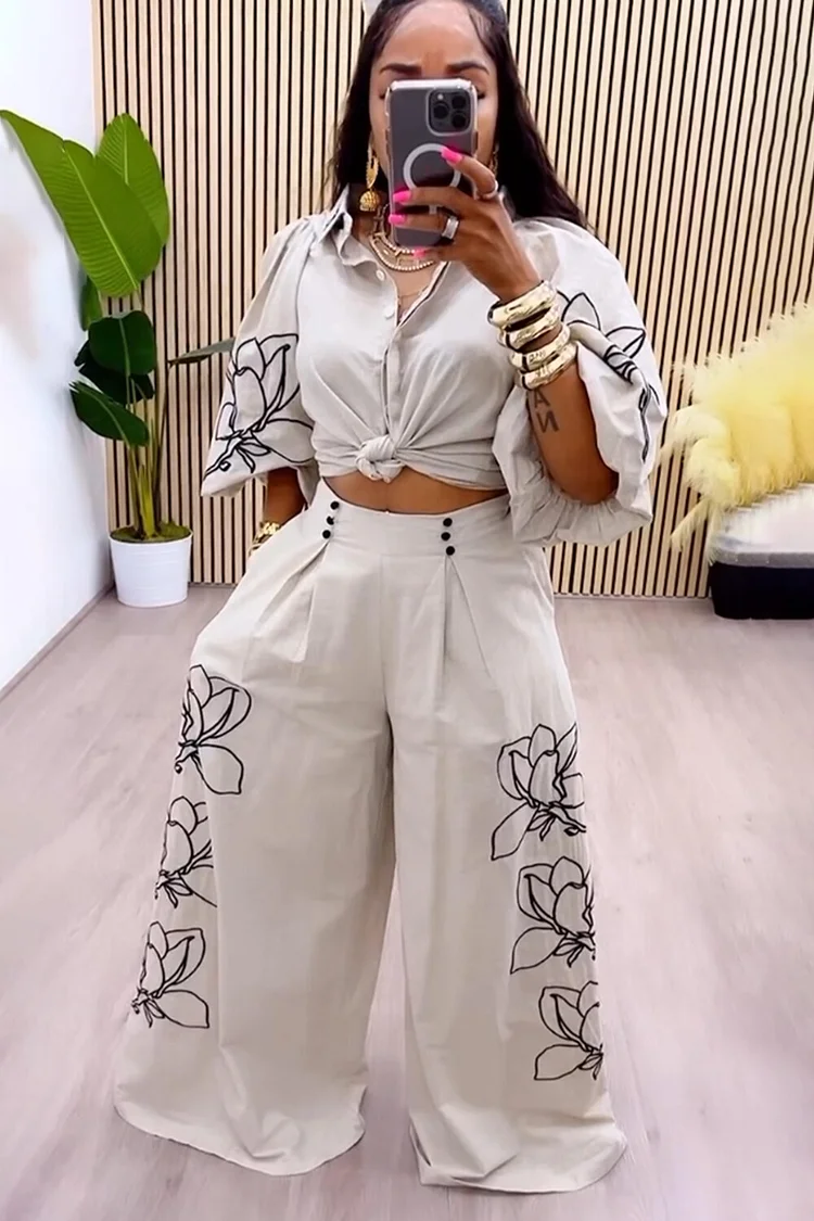 3/4 Sleeve Floral Print Blouse Wide Leg Pants 2pcs Set-Beige [Pre Order]