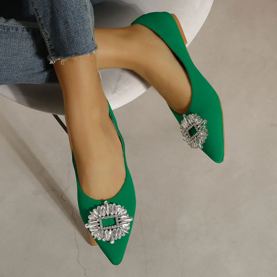 Dazzling Crystal Buckle Embellished Pointed Toe Ballet Flats - Green