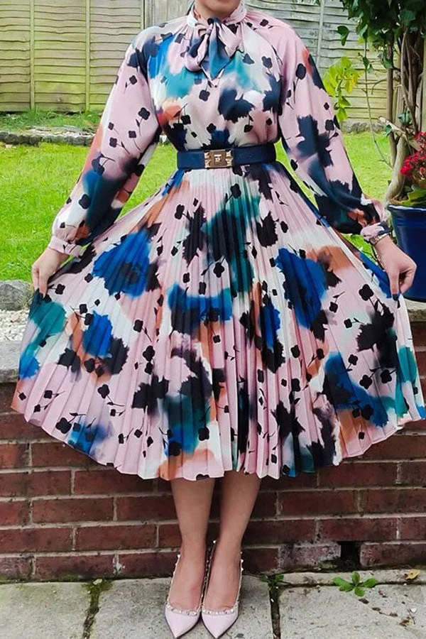 Graphic Print Retro Pleated Midi Dress