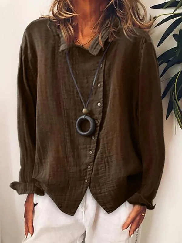 Women's Solid Color Loose Button Cotton Linen Blouse-Mayoulove