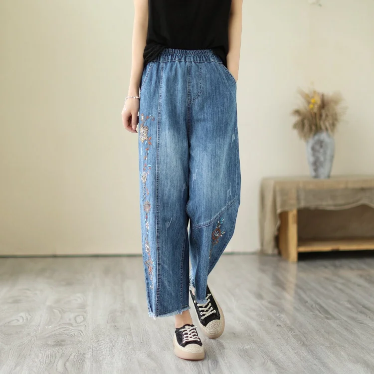 Summer Casual Wide Leg Embroidery Cotton Jeans