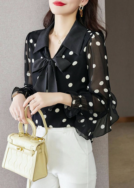 VCSHOES Black Ruffled Dot Print Chiffon Shirts Spring