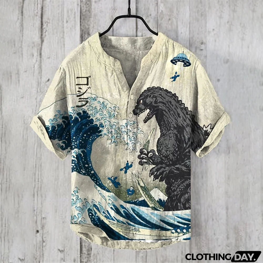 The Great Waves And Godzilla Japanese Art Print Henry Collar Shirt