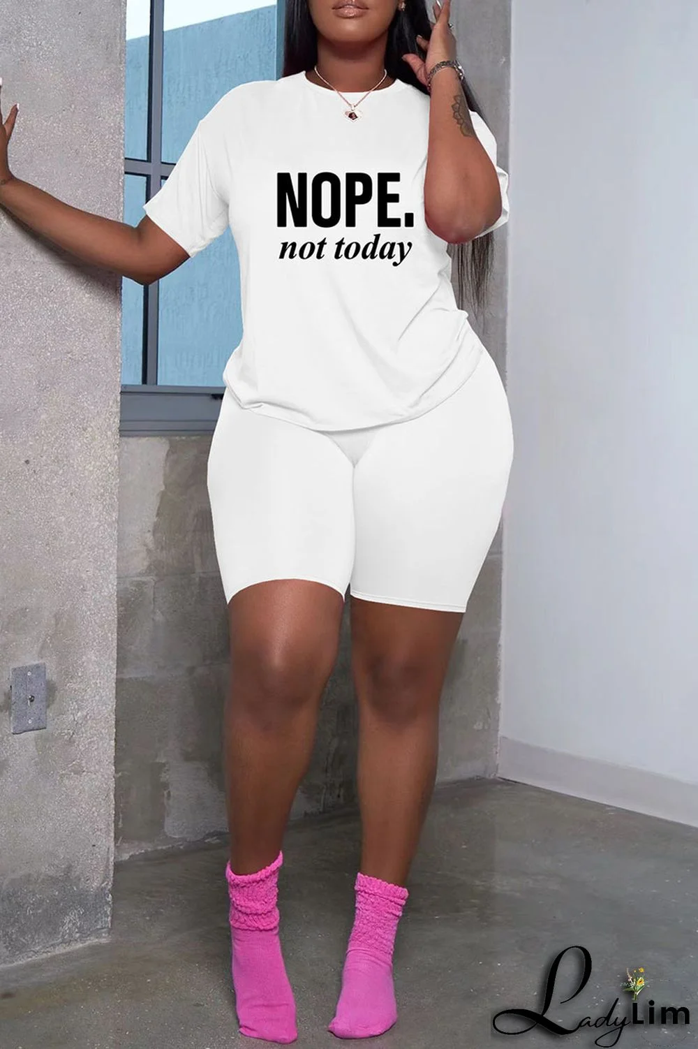 Grey Fashion Casual Letter Print Basic O Neck Short Sleeve Two Pieces