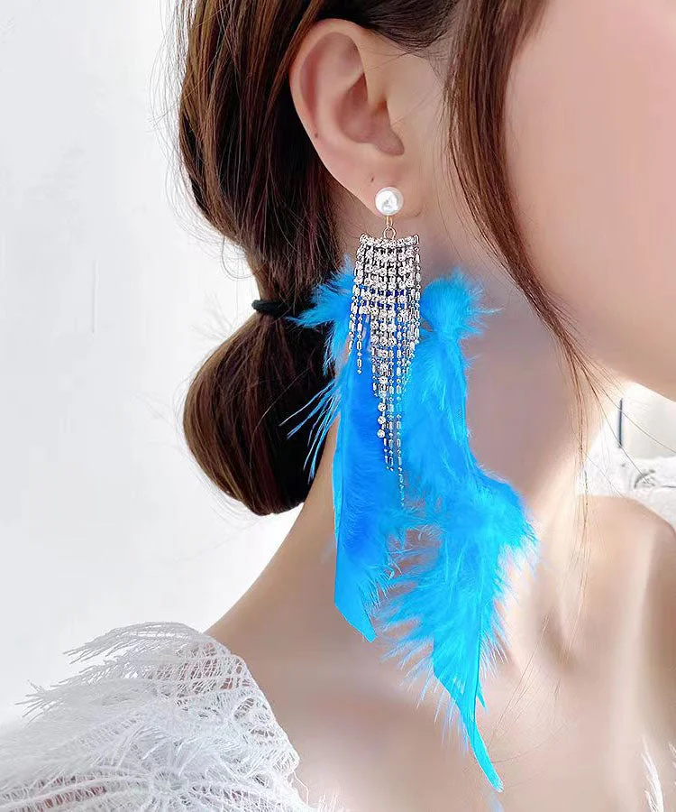 Boutique Blue Sterling Silver Crystal Zircon Feather Tassel Drop Earrings