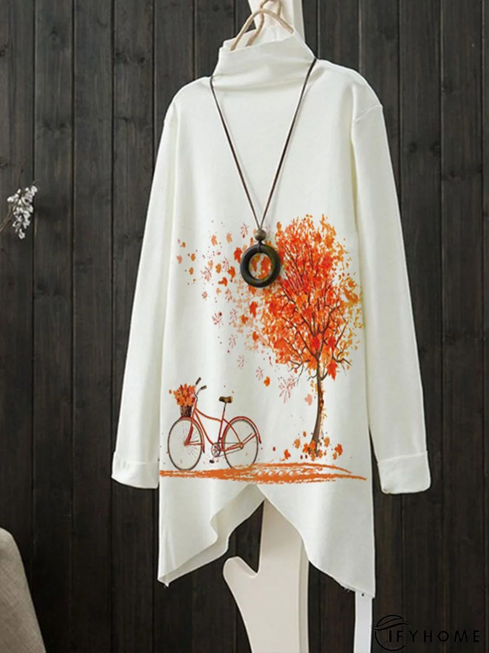 White Long Sleeve Floral-Print Turtleneck Top | IFYHOME