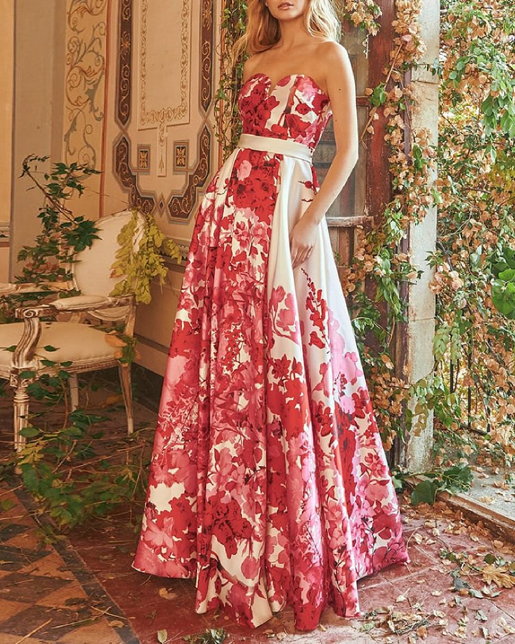 Elegant Floral Print A-line Bandeau Dress