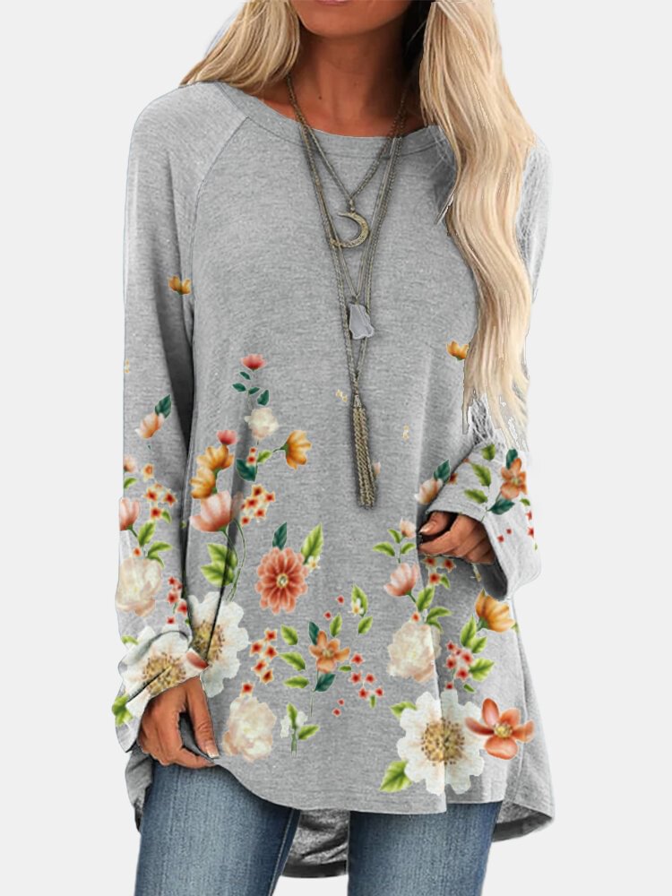 Flower Print Long Sleeve O neck Casual Blouse For Women P1760243