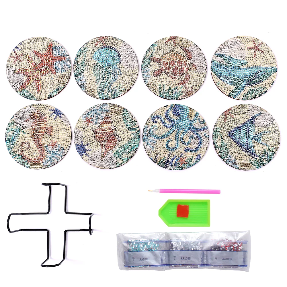 8pcs/set Sea Creatures DIY Diamond Painting Coaster Round Cup Cushion Home Decor