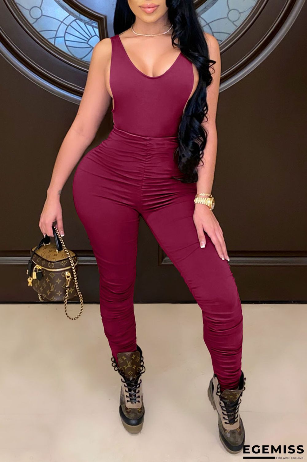 Burgundy Casual Solid Patchwork Fold U Neck Regular Jumpsuits | EGEMISS