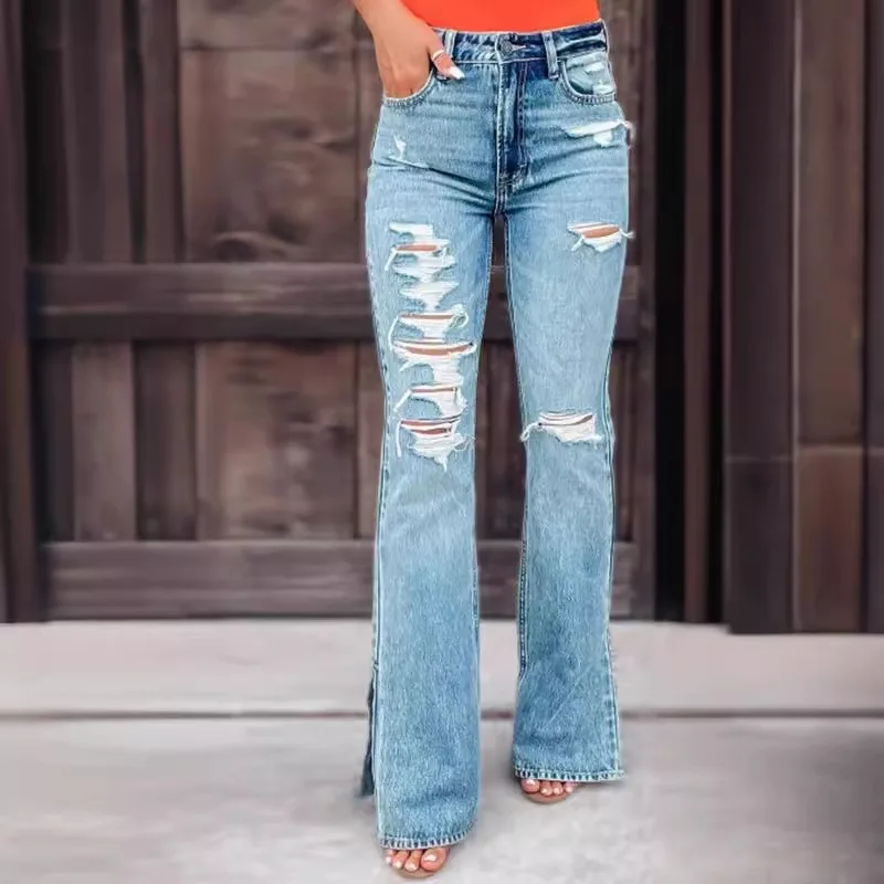 Gameglobeplanet New Women's Jeans High-waisted Ripped Pants Slightly Split Trousers