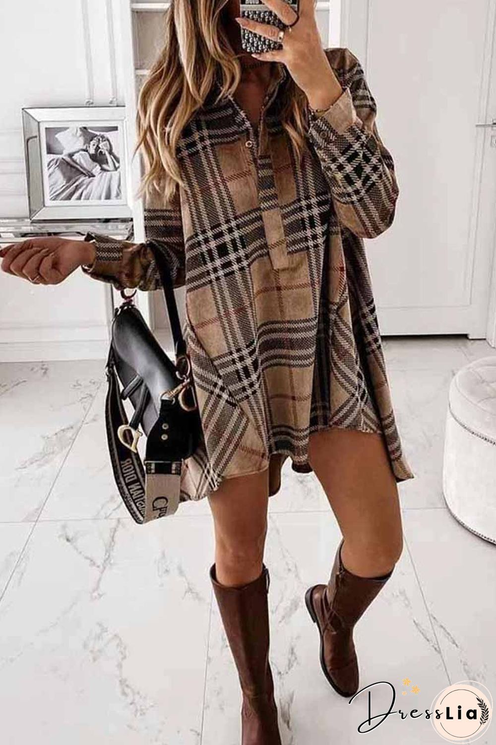 Loose Plaid Long Sleeve Shirt Mini Dress
