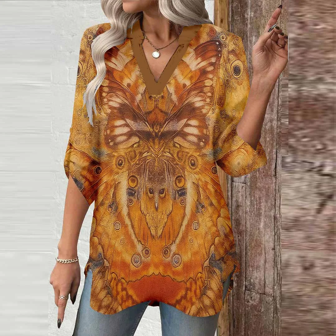 Women Ethnic, Bohemian, Brown DZGA0486 3/4 Sleeve V-neck Printed Graphic Button Tops