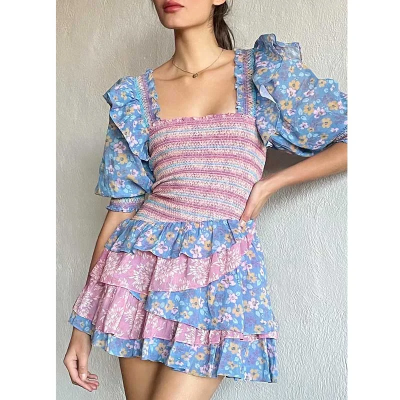 Boho Inspired mixed floral prints ruffled party dress puff sleeve square neck smocked  laides dress mini chic summer dress
