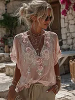 Women's Bohemian Retro Pink Floral Pattern Short-sleeve Top