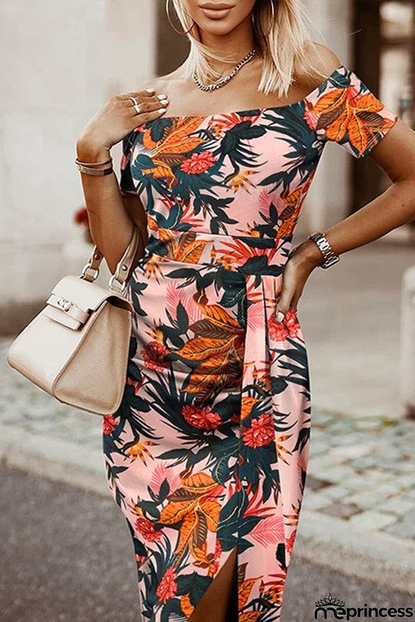 Moxidress Off Shoulder Short Sleeve Bodycon Printed Dress