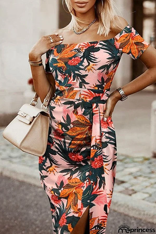 Moxidress Off Shoulder Short Sleeve Bodycon Printed Dress