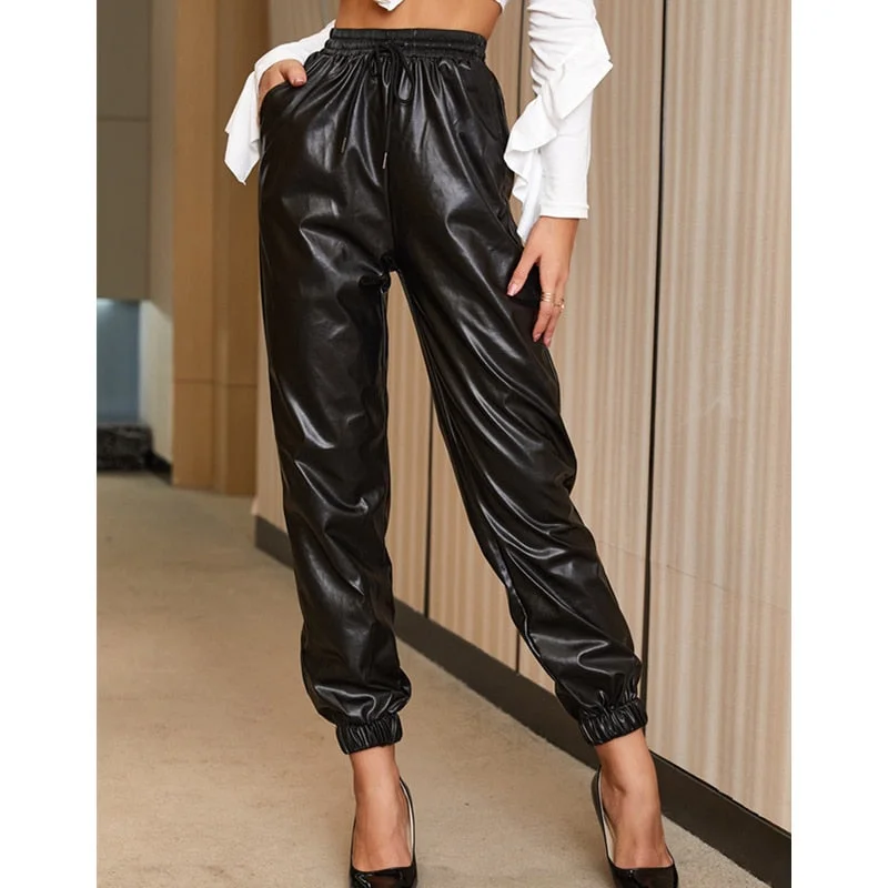 2020 Fall Winter PU Leather Pants Drawstring Bottoms Solid Color High Waist Tights Harem Pants with Pockets Women Trousers