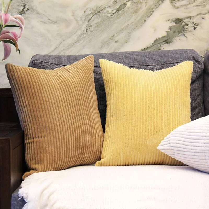 Soft Velvet Cushion Cover Solid Pillow Case Corduroy Flocking Stripe Yellow Gray PinHome Decorative Pillow Cover 45x45cm 30x50cm