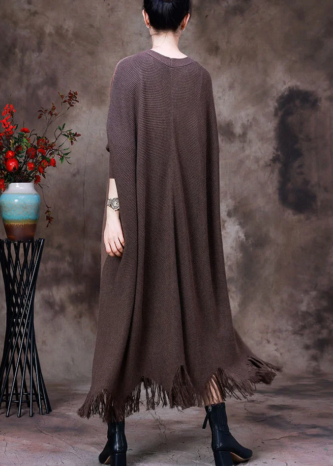 Fine Dark Coffee Patchwork Black V Neck Tassel Knit Wool Coat Long Sleeve