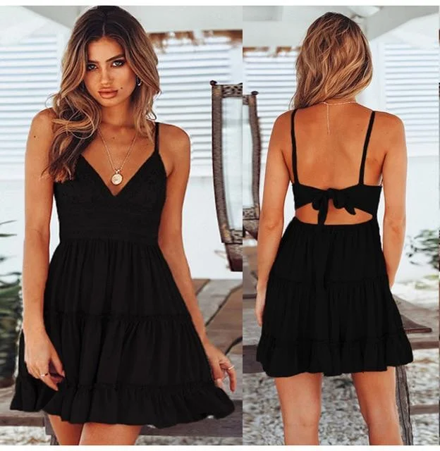 Women Lace Sexy Backless V-neck Beach Dresses Sleeveless Mini Sundress