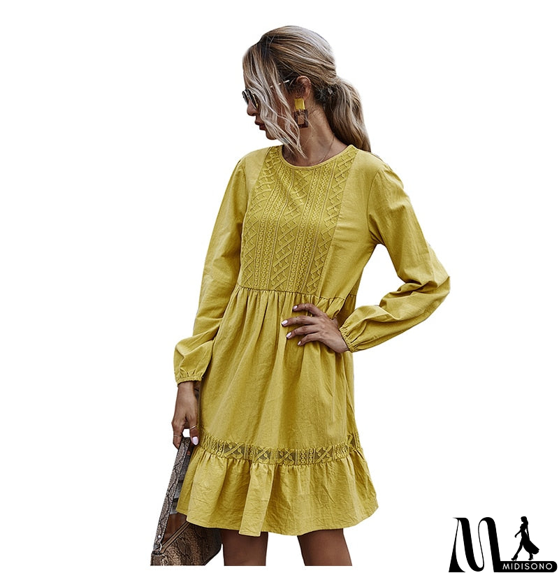 MidiSono - Woman Dress Autumn Winter Casual Lace Stitching Yellow Long Sleeve Loose Vintage Dresses For Women Clothes  Ladies