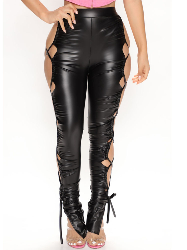 Cutout High Rise Bandaged Asymmetrical PU Leggings