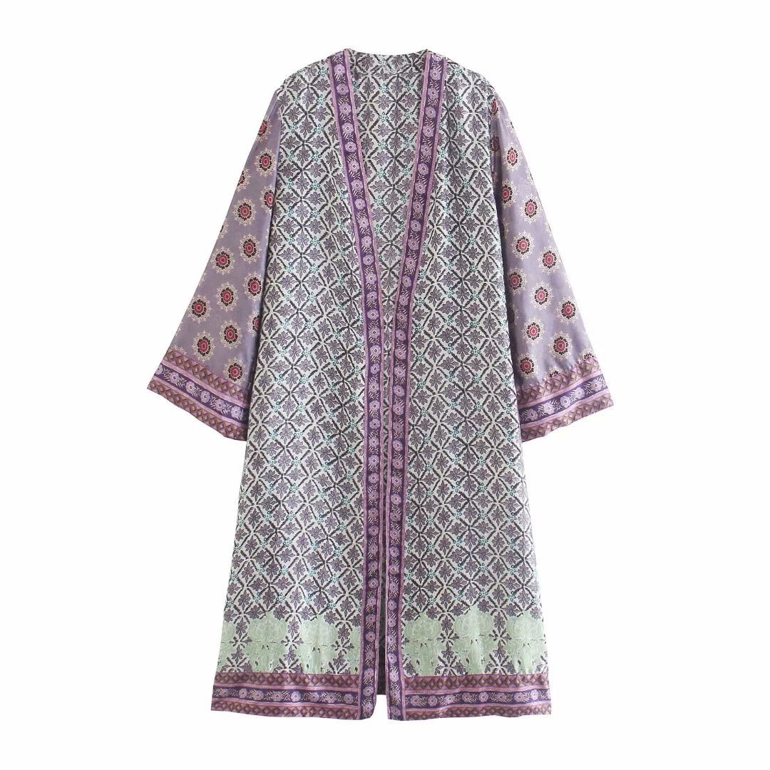 2021 Women Fashion Printed Long Open Kimono Casual Long Sleeves Side Slits Chic Lady Oversized Robe Japanese Style Woman Clothes