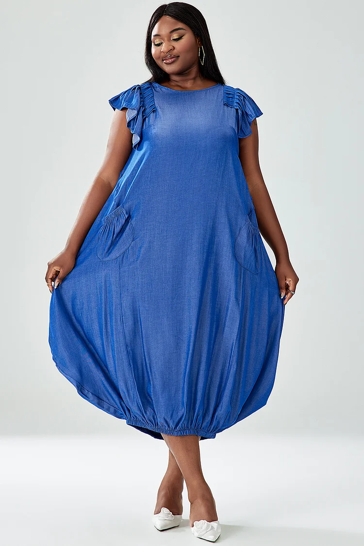 Xpluswear Design Plus Size Daily Dress Blue Denim Loose Ruffle Midi Dress With Pockets 