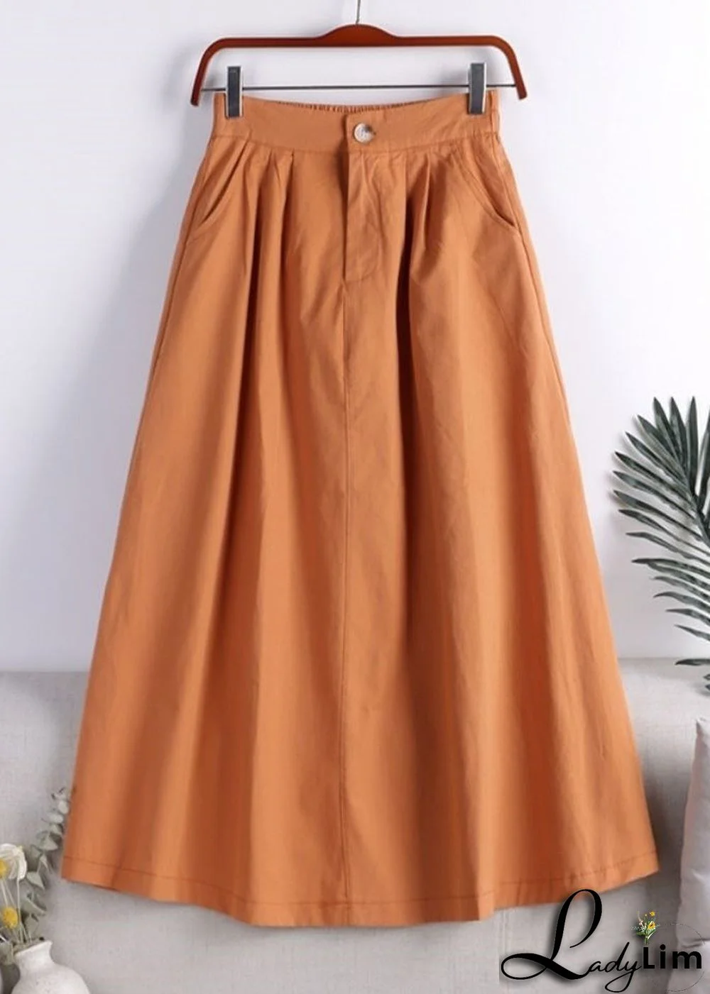 Bohemian Orange Zippered Button Pockets Elastic Waist A Line Skirt Fall